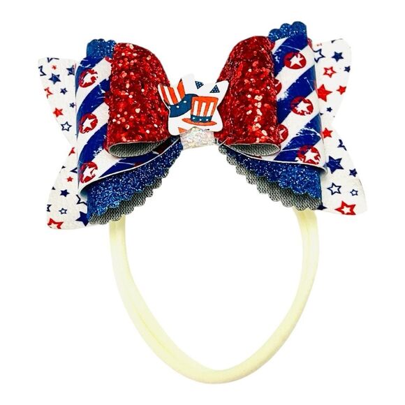 4th of July Baby Girl 4” Bow Headband 2 in 1 Interchangeable Nylon USA Patriotic - Picture 3 of 6